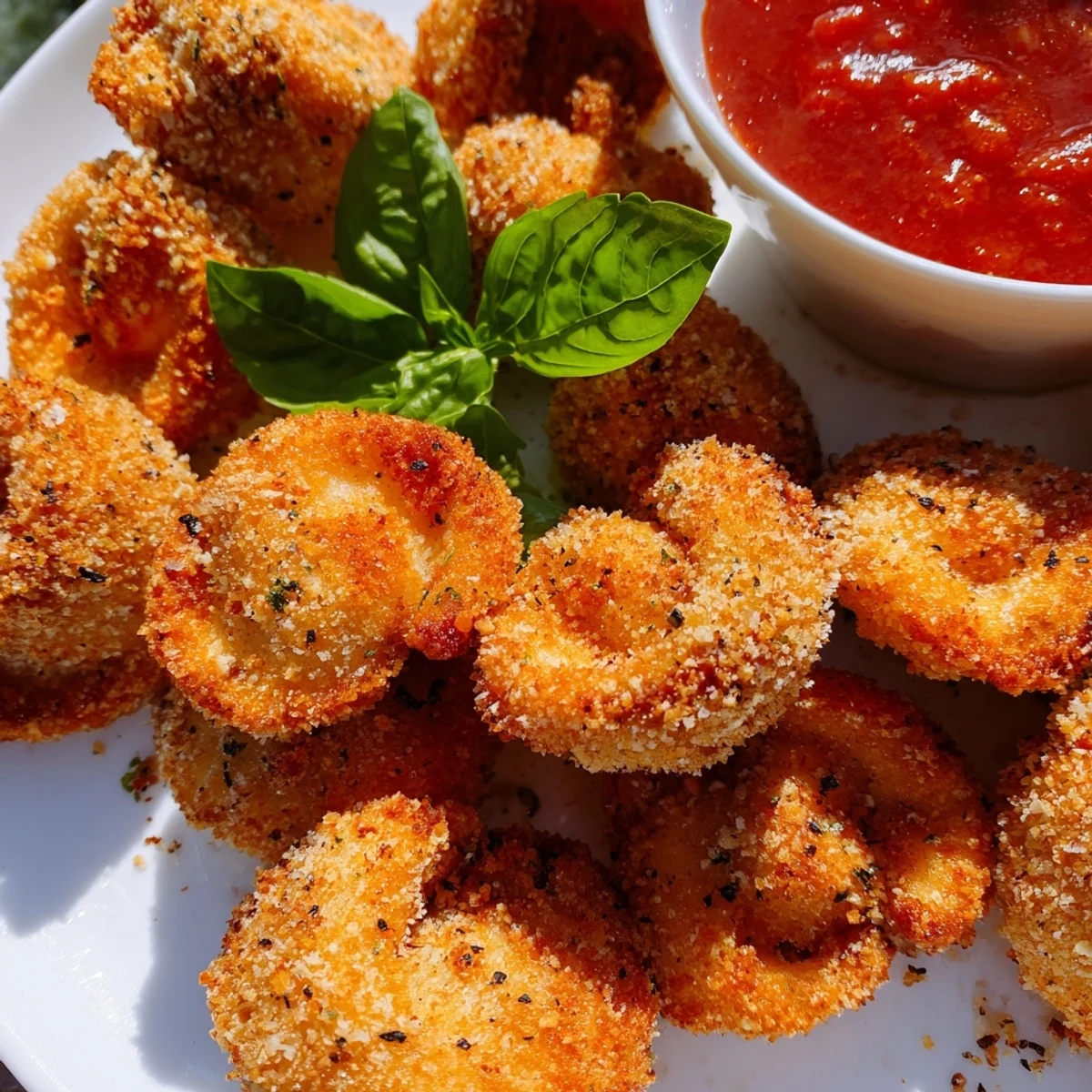 Crispy cheese tortellini arranged on a white plate with dipping sauce nearby