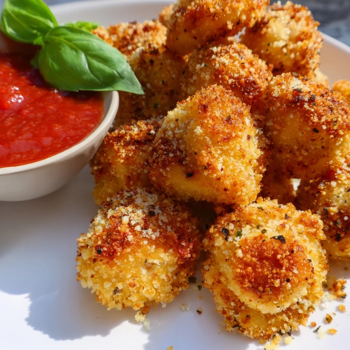 Breaded Air Fryer Tortellini appetizer plated with red marinara for dipping