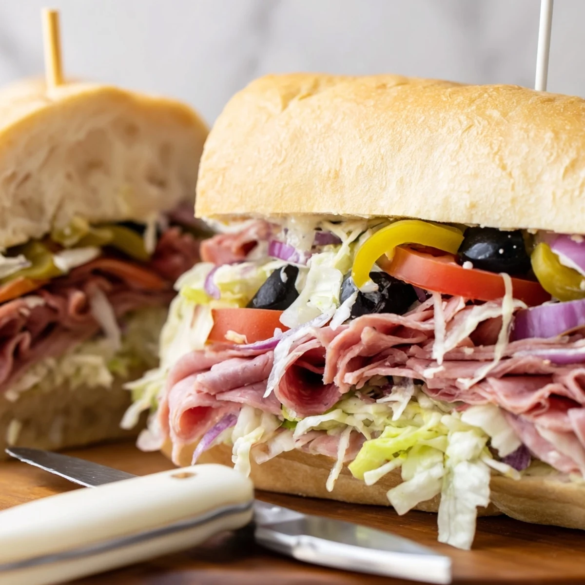 Italian Grinder Salad Sandwich piled high with deli meats and tangy dressed lettuce