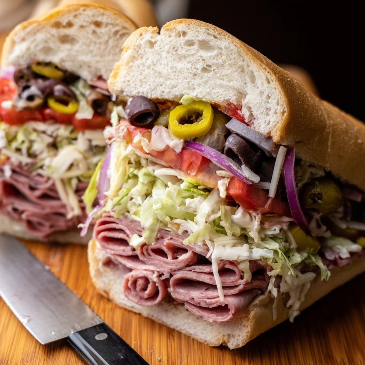 Hearty Italian Grinder Salad Sandwich featuring layered cold cuts and colorful vegetable slaw