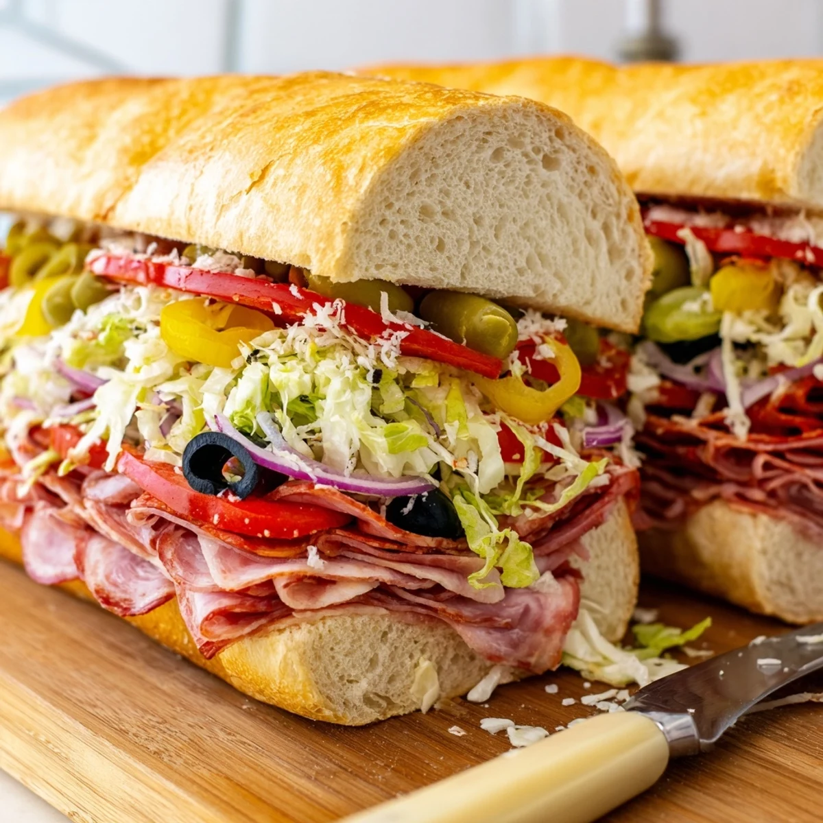 Toasted hoagie roll loaded with Italian meats provolone cheese and crunchy salad topping