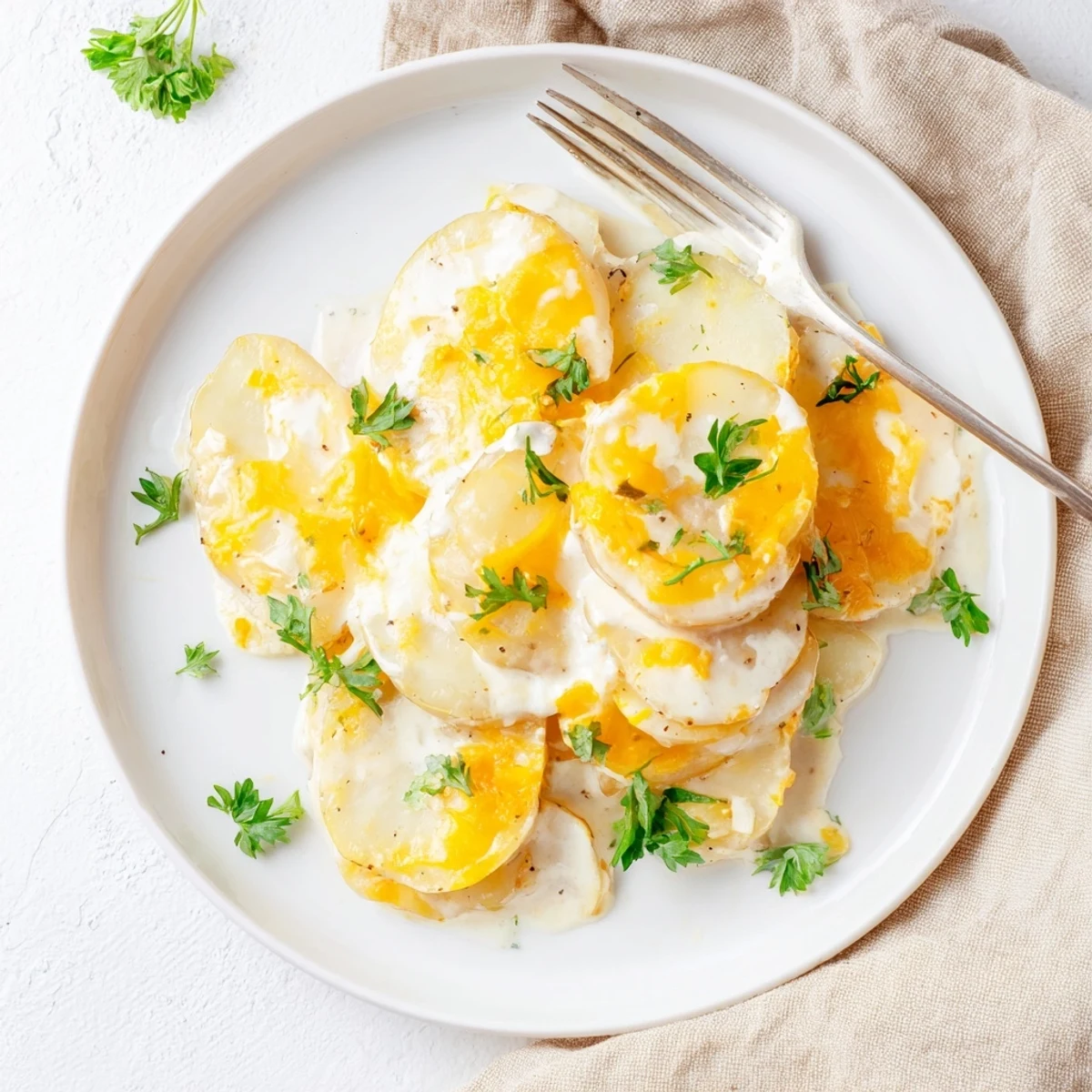 Golden layers of Crockpot Scalloped Potatoes bubbling with melted cheddar and garlic cream sauce