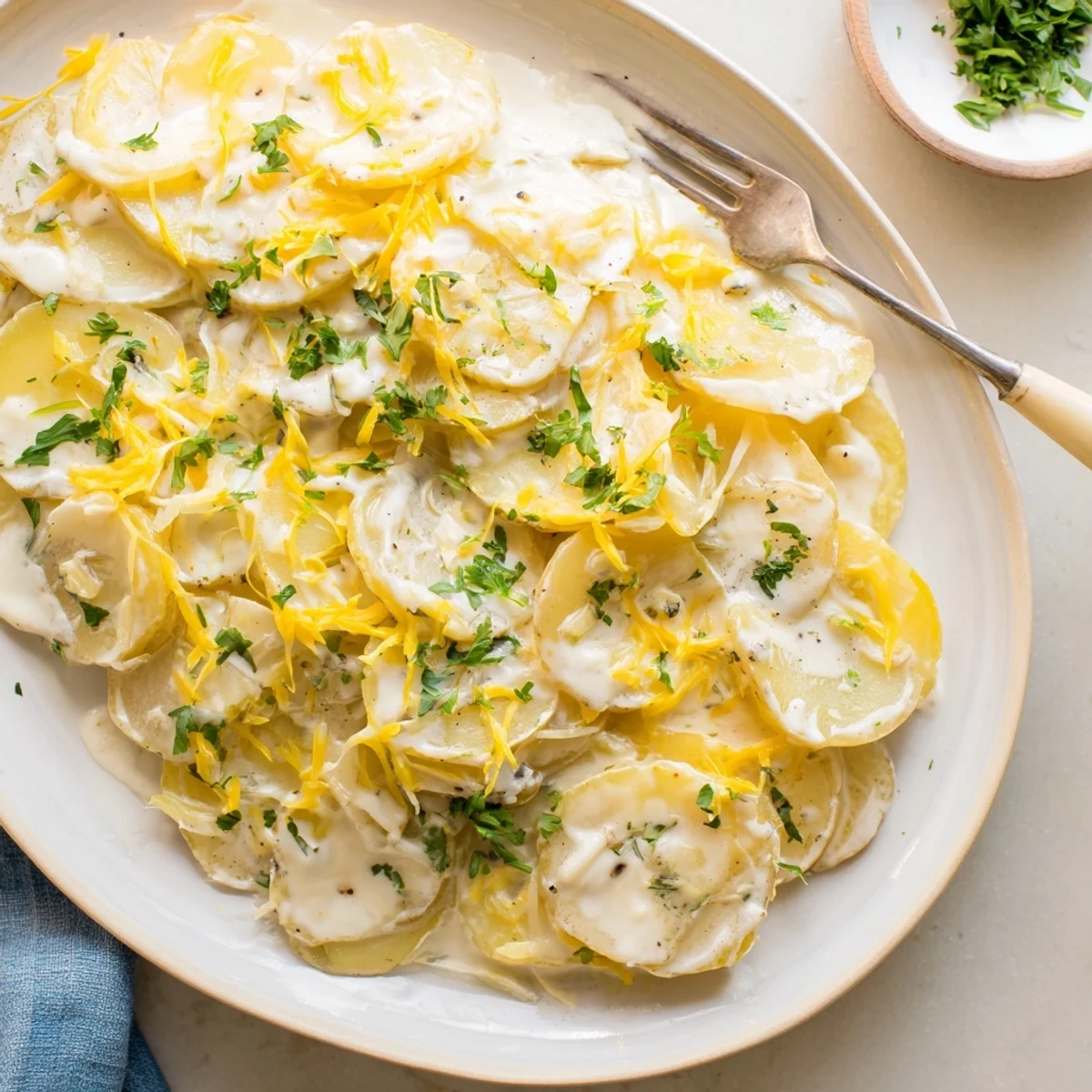 Tender scalloped potatoes slow-cooked to perfection in a crockpot with rich cheese sauce