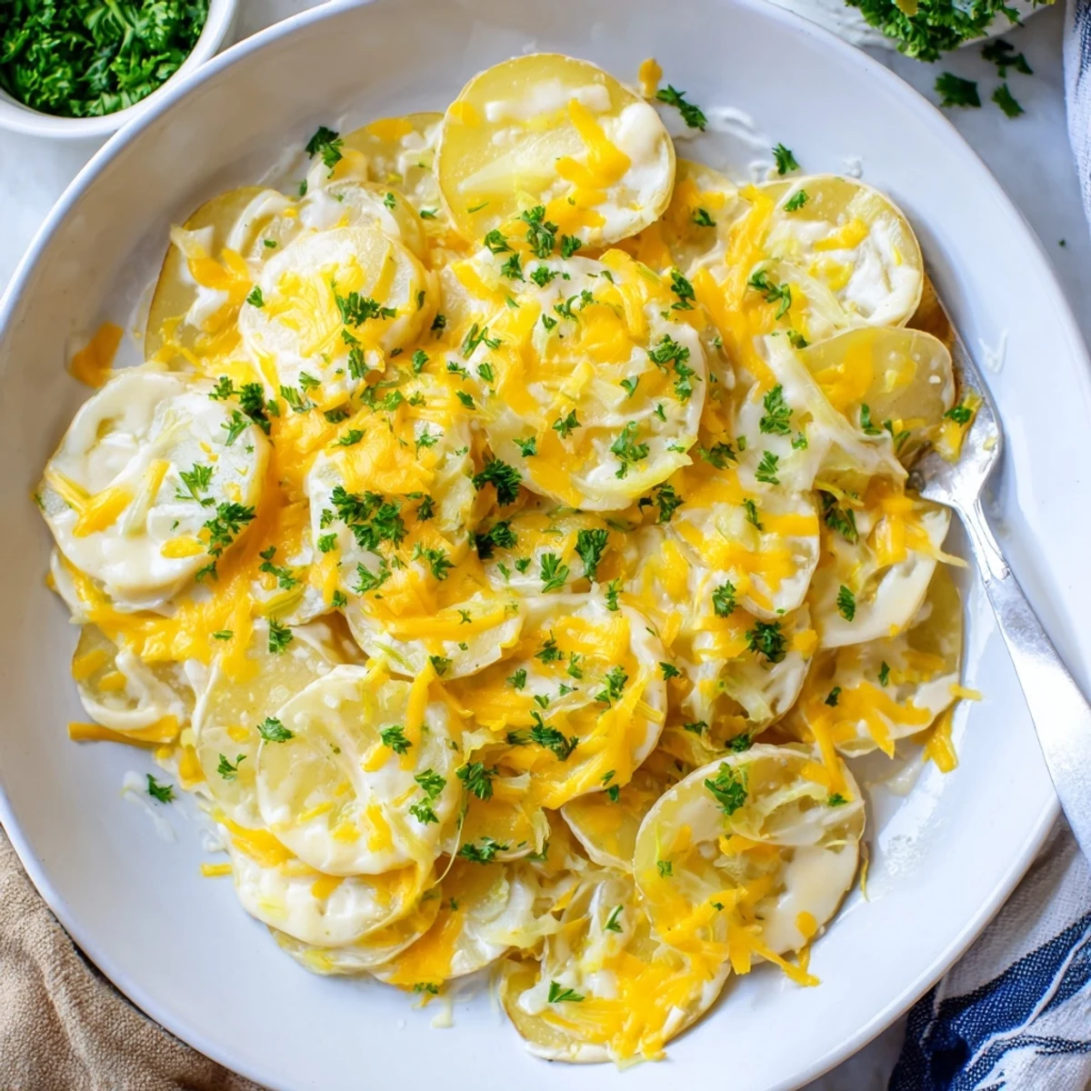 Creamy slow-cooked potato slices layered with sharp cheddar in this comforting Crockpot Scalloped Potatoes dish