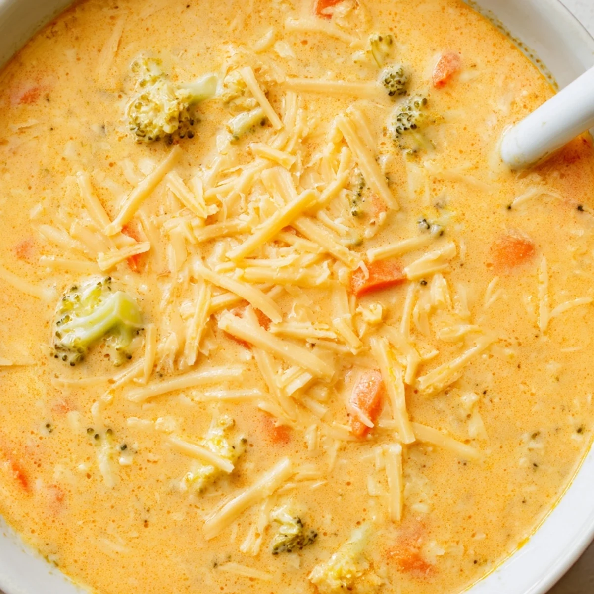 Rich and comforting Instant Pot Broccoli Cheddar Soup garnished with extra shredded cheese and fresh parsley