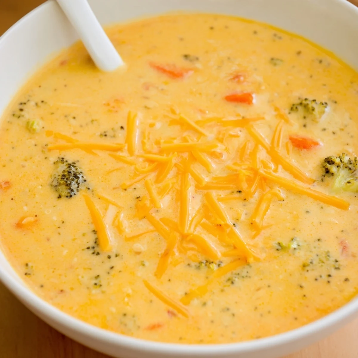 Creamy Instant Pot Broccoli Cheddar Soup with melted cheddar and tender broccoli florets in a white bowl