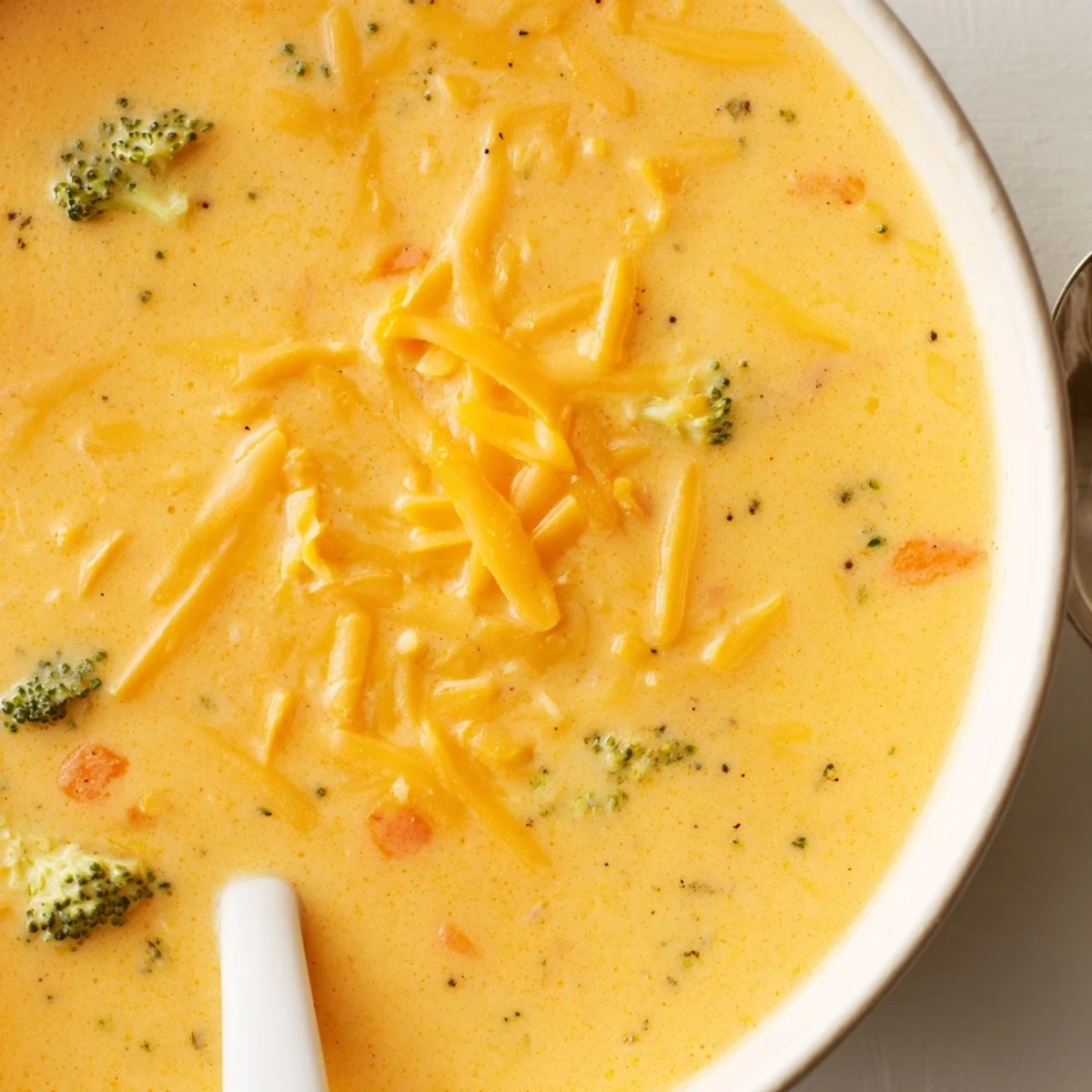 Golden bowl of Instant Pot Broccoli Cheddar Soup featuring smooth texture and vibrant green broccoli pieces