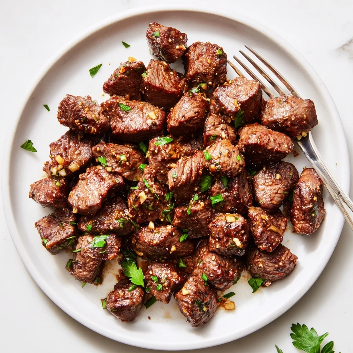 Tender crockpot steak bites slow-cooked in garlic butter with fresh parsley garnish