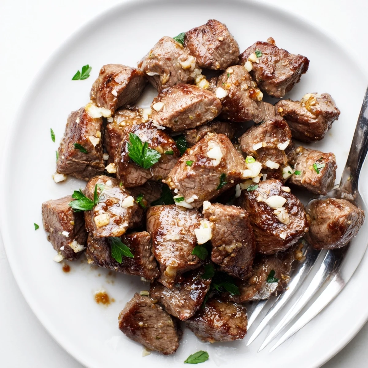 Juicy sirloin steak cubes simmering in rich beef broth with savory herbs and onions