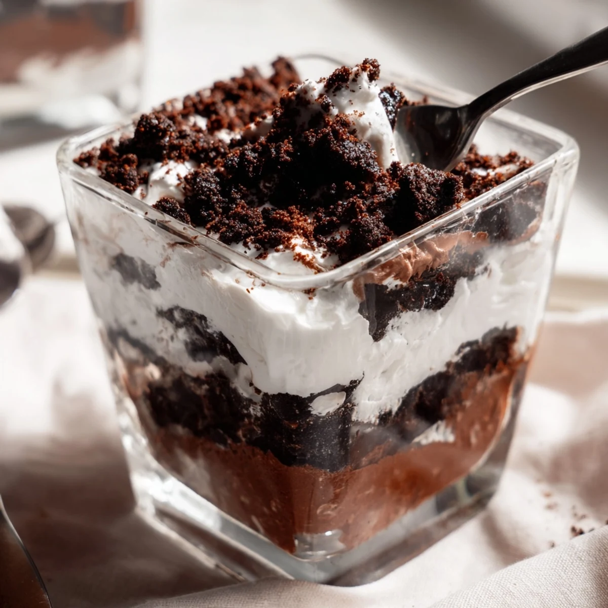 Glass trifle dish showcasing layered keto dirt cake with chocolate pudding and whipped cream beneath dark chocolate almond crumble topping