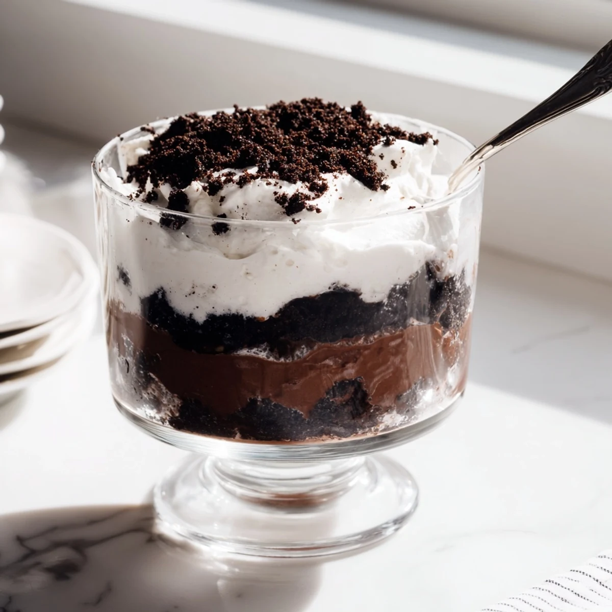 Spoon lifts creamy chocolate keto dirt cake from clear glass jar revealing rich pudding layers and fluffy whipped cream