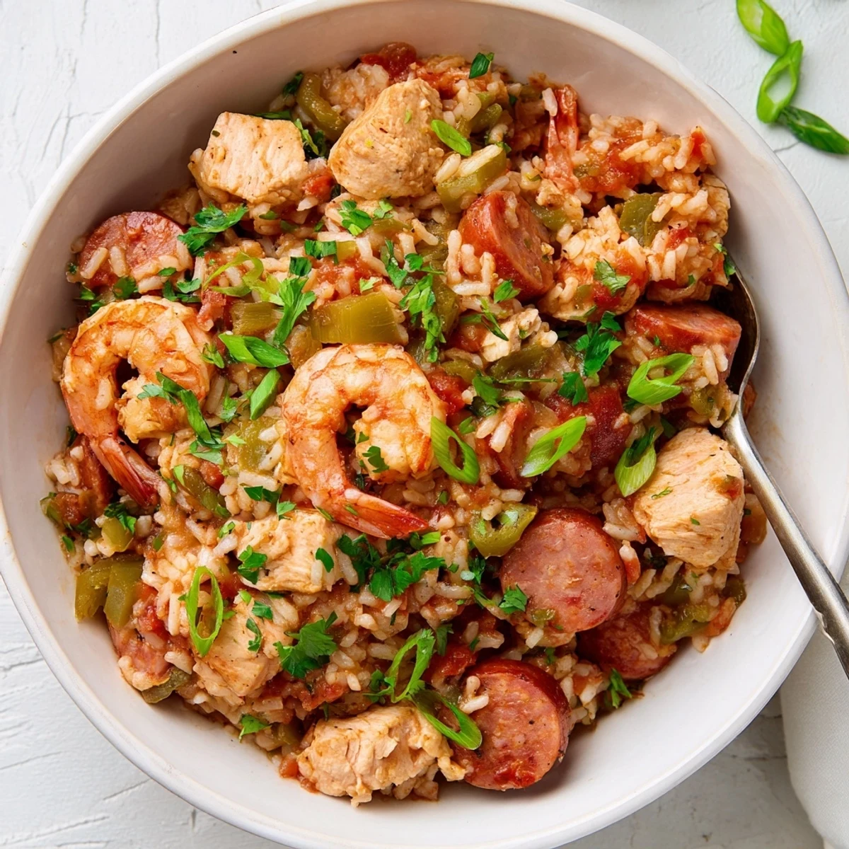 Slow cooker Crock Pot Jambalaya featuring tender chicken chunks, andouille sausage slices, and pink shrimp nestled in fluffy seasoned rice