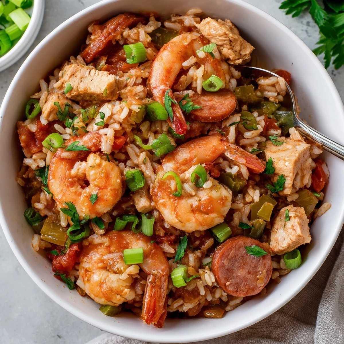 Hearty bowl of Crock Pot Jambalaya garnished with fresh green onions and parsley, showcasing the classic Creole medley of meats and seafood