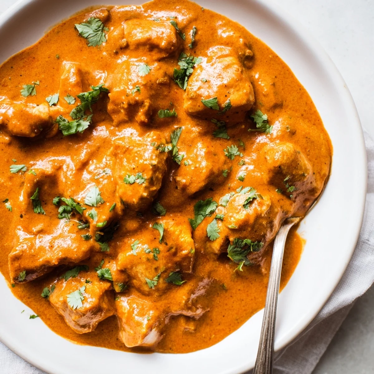 Creamy Instant Pot butter chicken with tender pieces in spiced tomato sauce garnished with cilantro