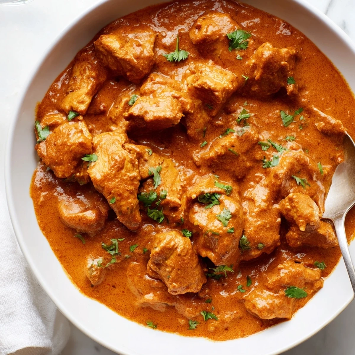 Rich and aromatic butter chicken served over fluffy basmati rice with warm naan bread on the side