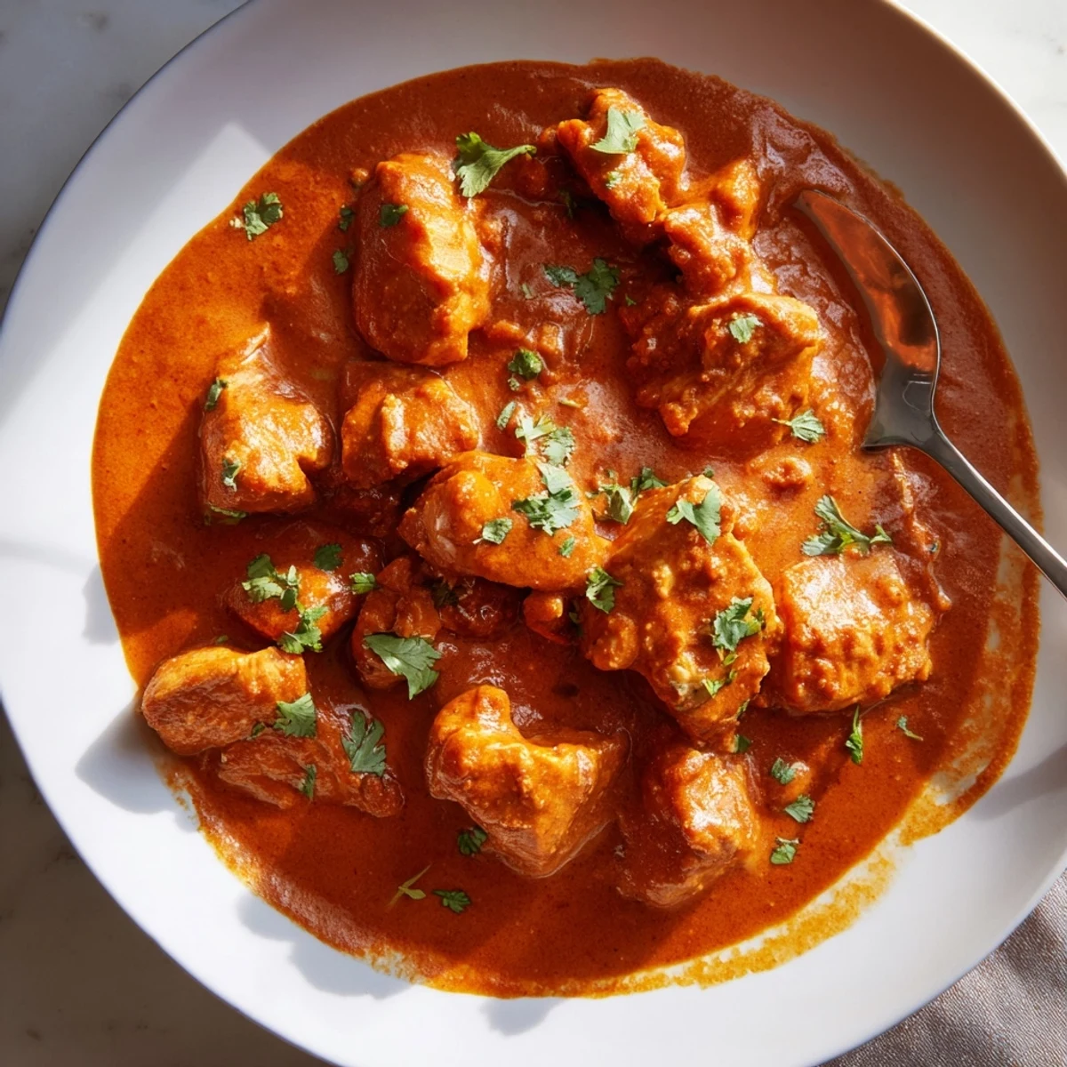 Golden chicken thighs simmered in a velvety orange curry sauce finished with butter and fresh herbs