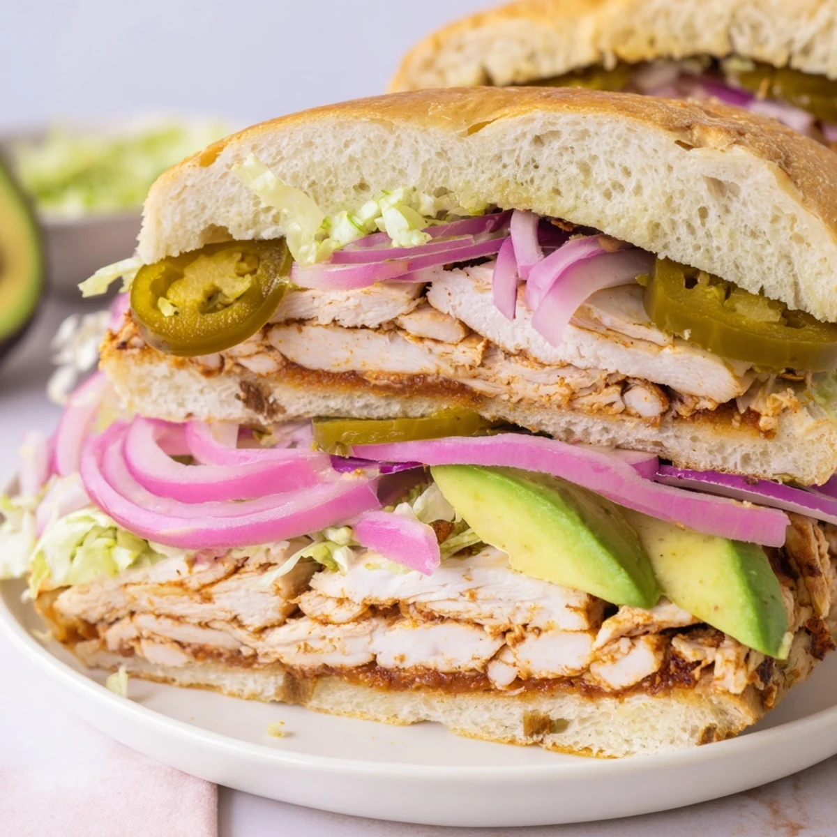 Homemade chicken torta sandwich stacked with marinated grilled chicken, fresh avocado slices, and pickled jalapeños on a toasted bolillo roll.