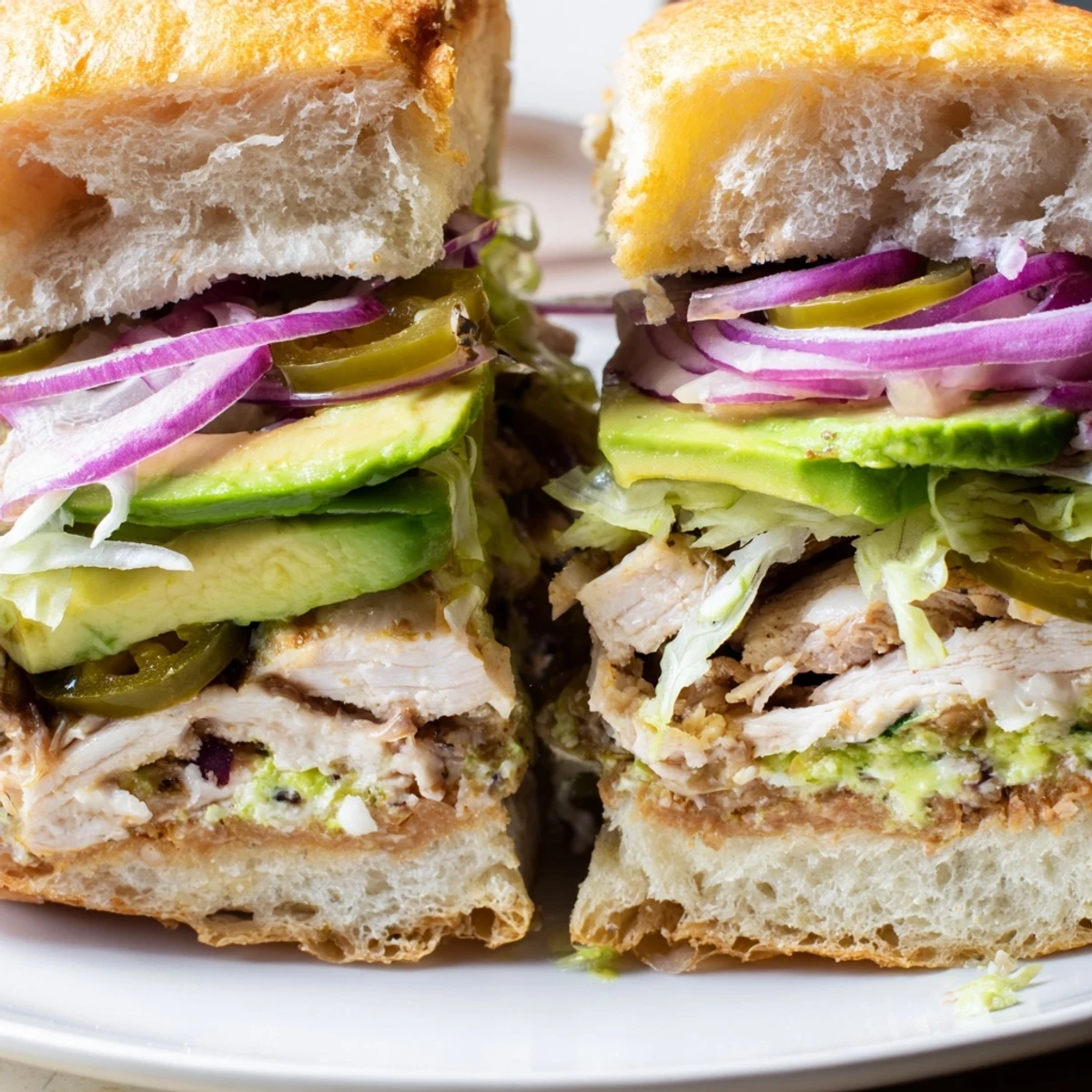 Hearty Mexican chicken torta sandwich featuring spiced grilled chicken breast, creamy avocado, tomato, and refried beans on soft white bread.
