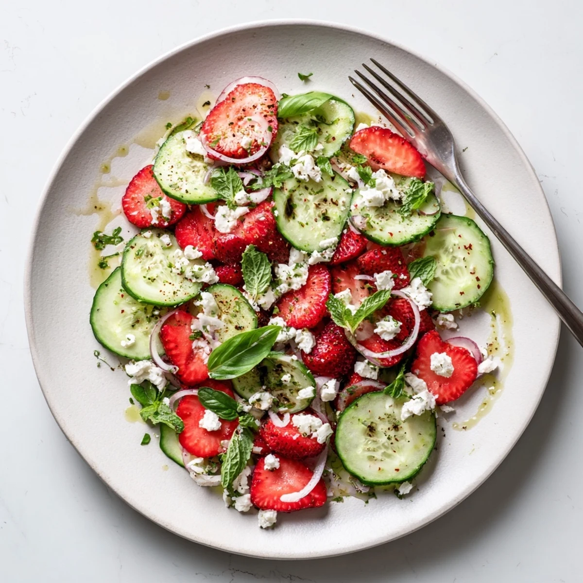 Fresh strawberry cucumber salad tossed with mint and basil in a light balsamic dressing