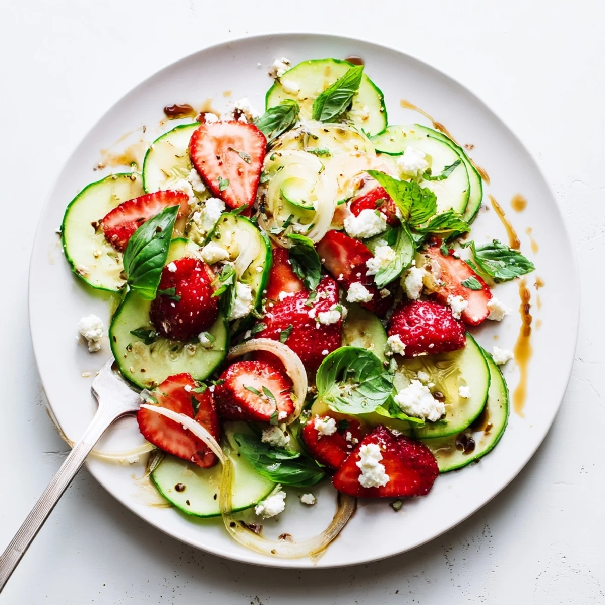 Vibrant bowl of juicy strawberries and crisp cucumbers with fresh herbs and tangy vinaigrette