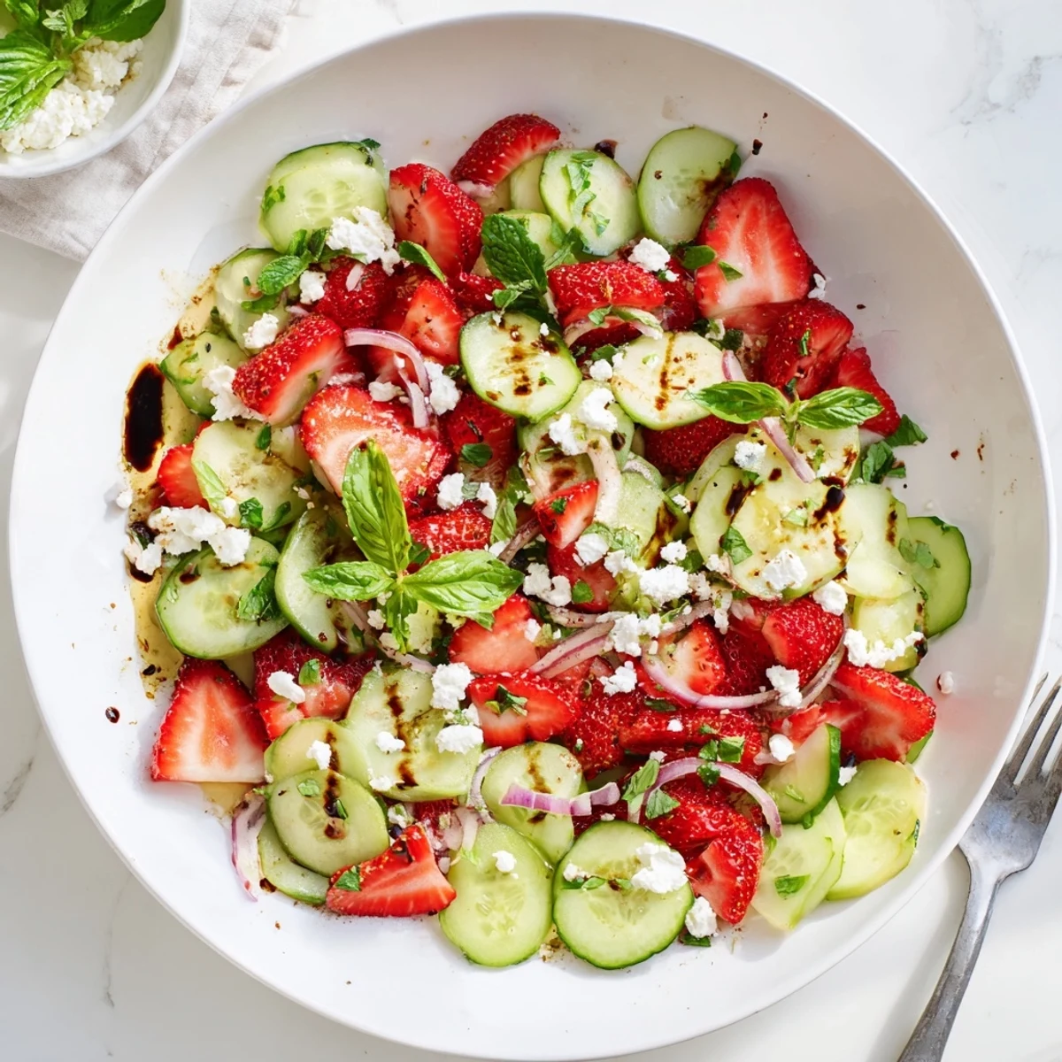 Summer strawberry cucumber salad featuring sliced produce, feta cheese crumbles, and honey citrus dressing