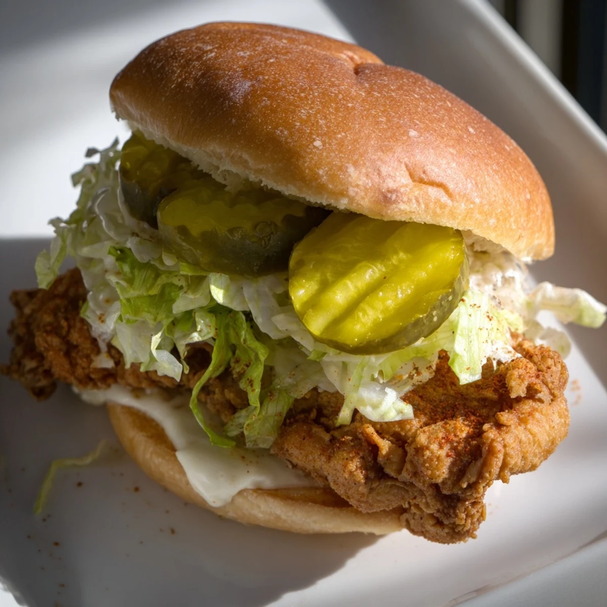 Crispy fried chicken thigh marinated in dill pickle brine served on a soft potato bun with fresh toppings