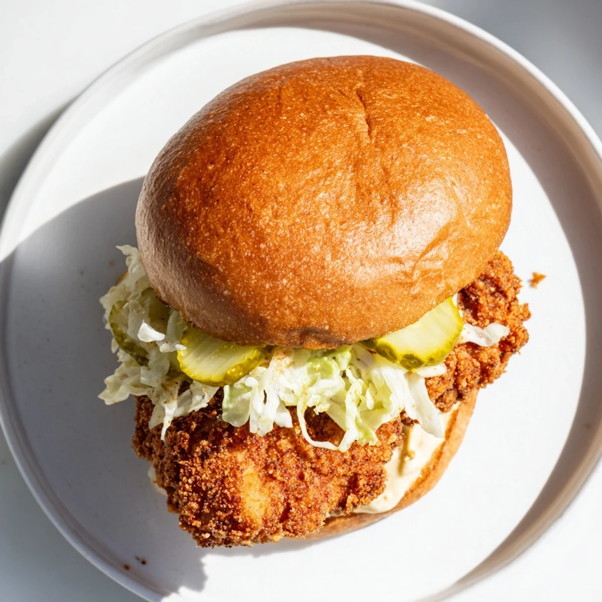 Juicy pickle brined fried chicken sandwich featuring golden crunchy coating lettuce and pickles on a warm toasted bun