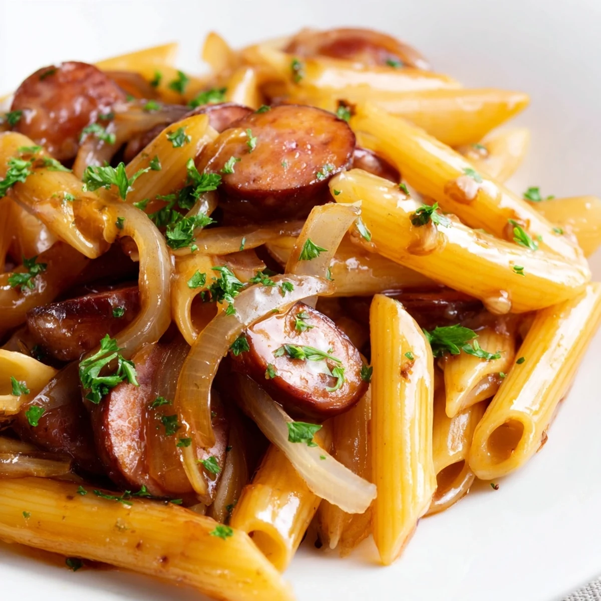 Golden sausage pasta coated in thick sticky honey garlic sauce in a cast iron skillet
