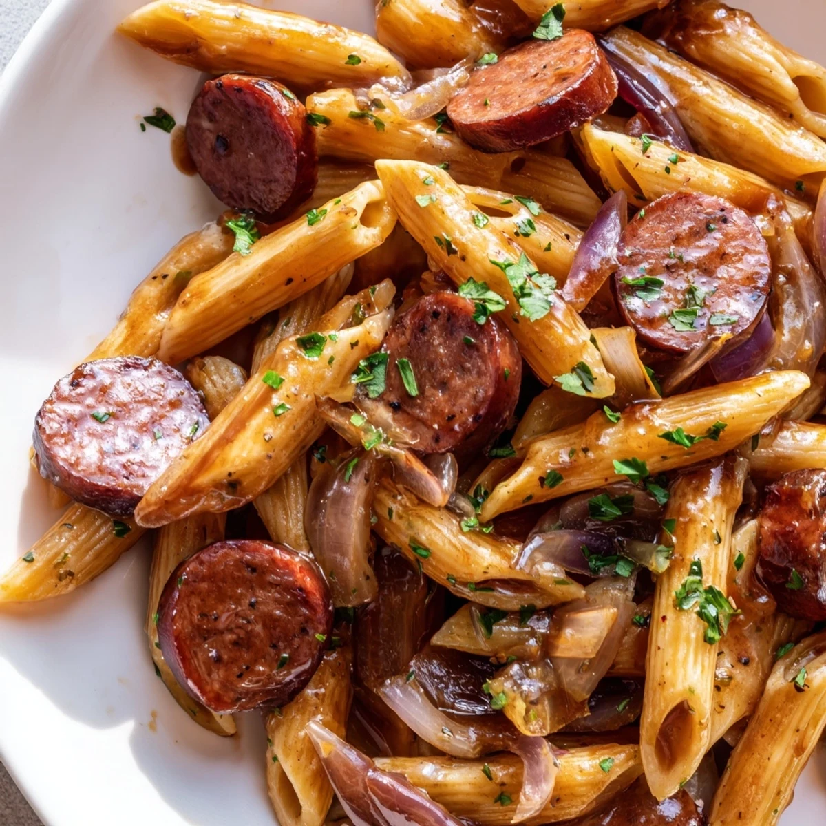 Savory smoked sausage slices tossed with penne in rich honey garlic glaze with parsley garnish