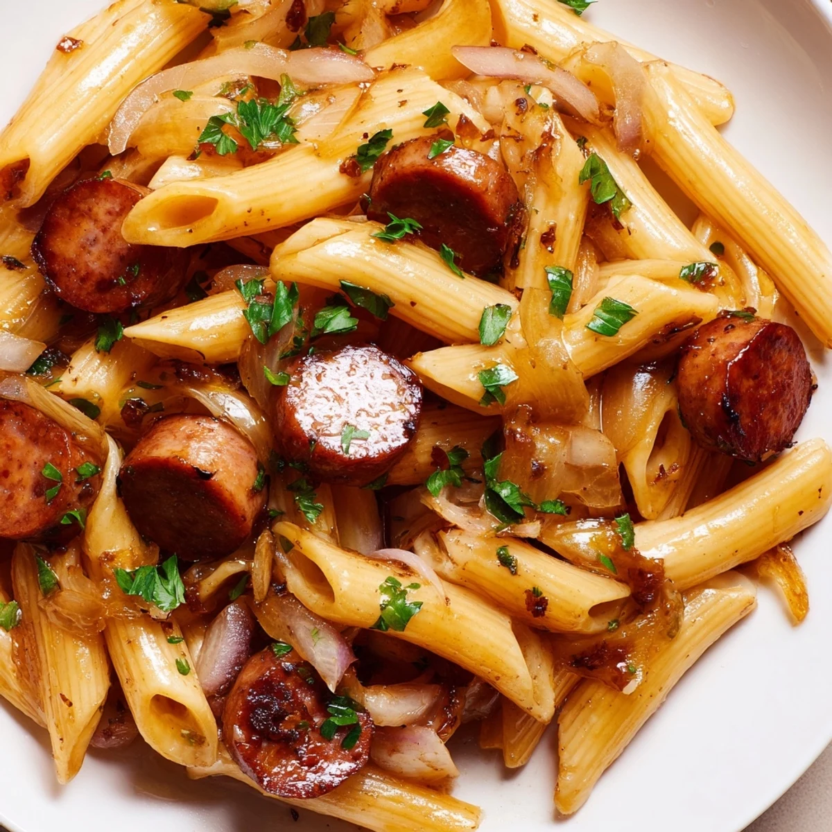 One-pan honey garlic sausage pasta bubbling with glossy red sauce and fresh green herbs
