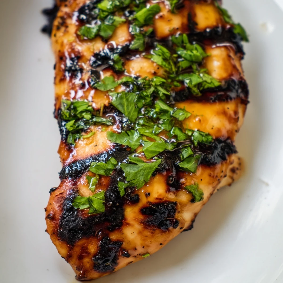 Golden grilled chicken breasts with char marks resting on a white plate garnished with fresh cilantro