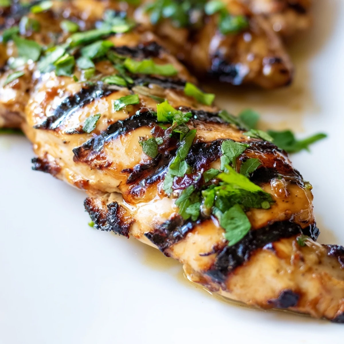 Citrus marinated chicken pieces fresh off the grill with juicy tender meat visible inside