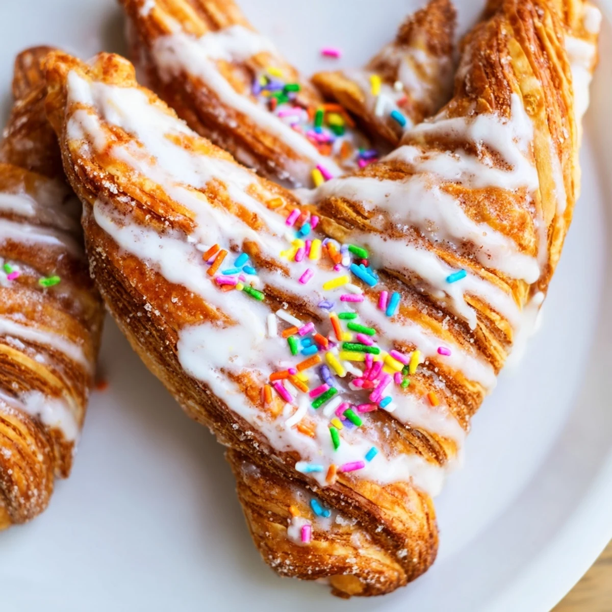 Fluffy puff pastry Easter Bunny Twists shaped like rabbit ears glazed with sweet vanilla icing