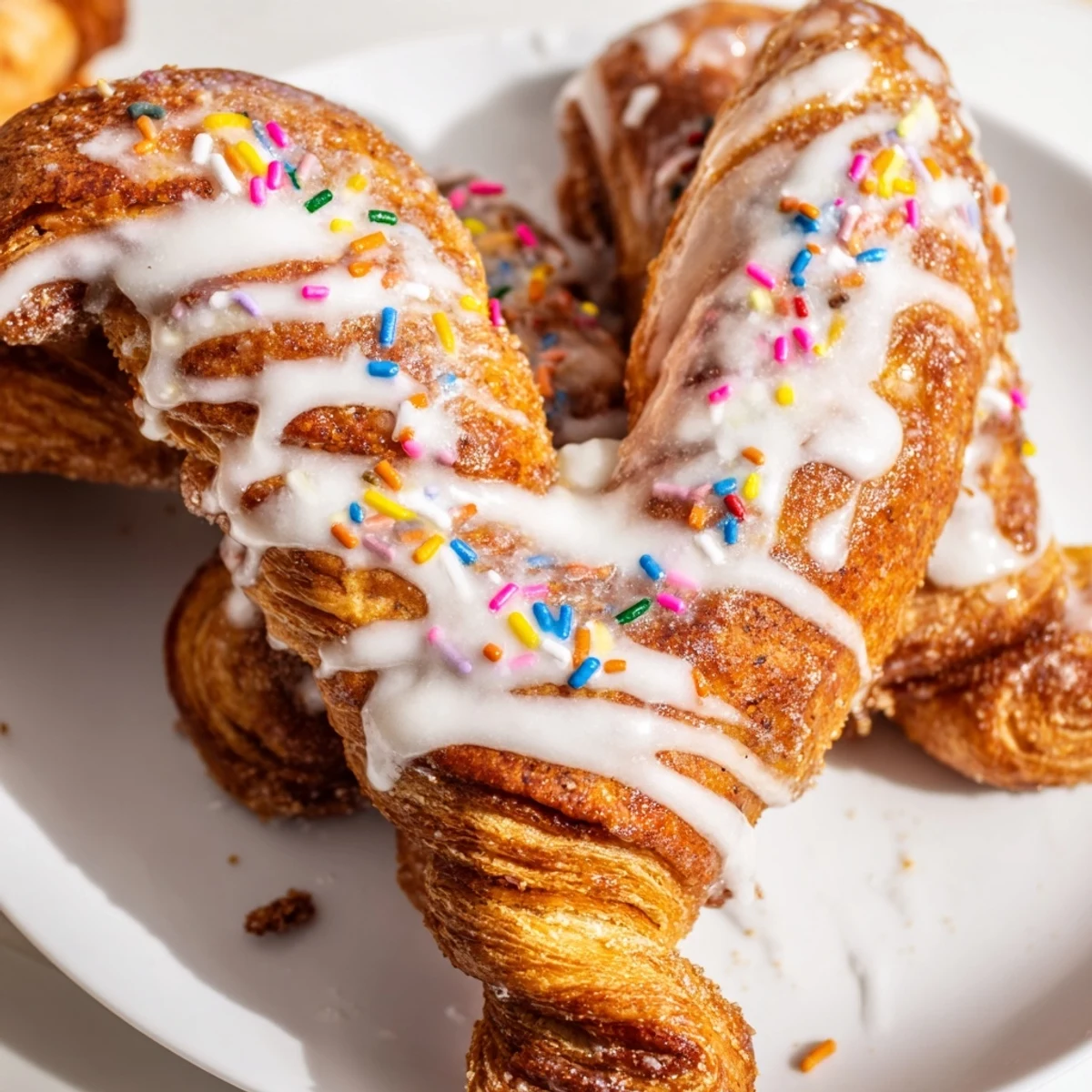 Golden brown Easter Bunny Twists pastry with cinnamon sugar drizzled with white icing and colorful sprinkles