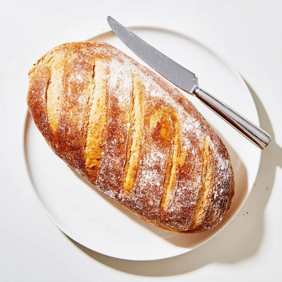 Golden crusty Italian bread loaf with chewy interior and rustic slash marks on wooden board