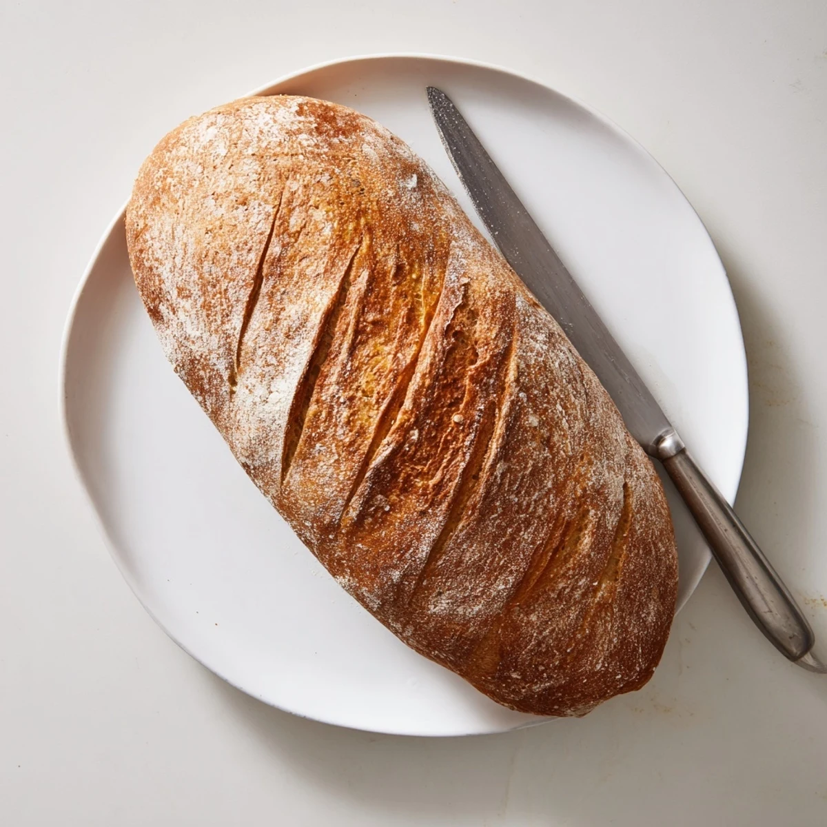 Homemade crusty Italian bread sliced open revealing soft airy crumb perfect for dipping olive oil