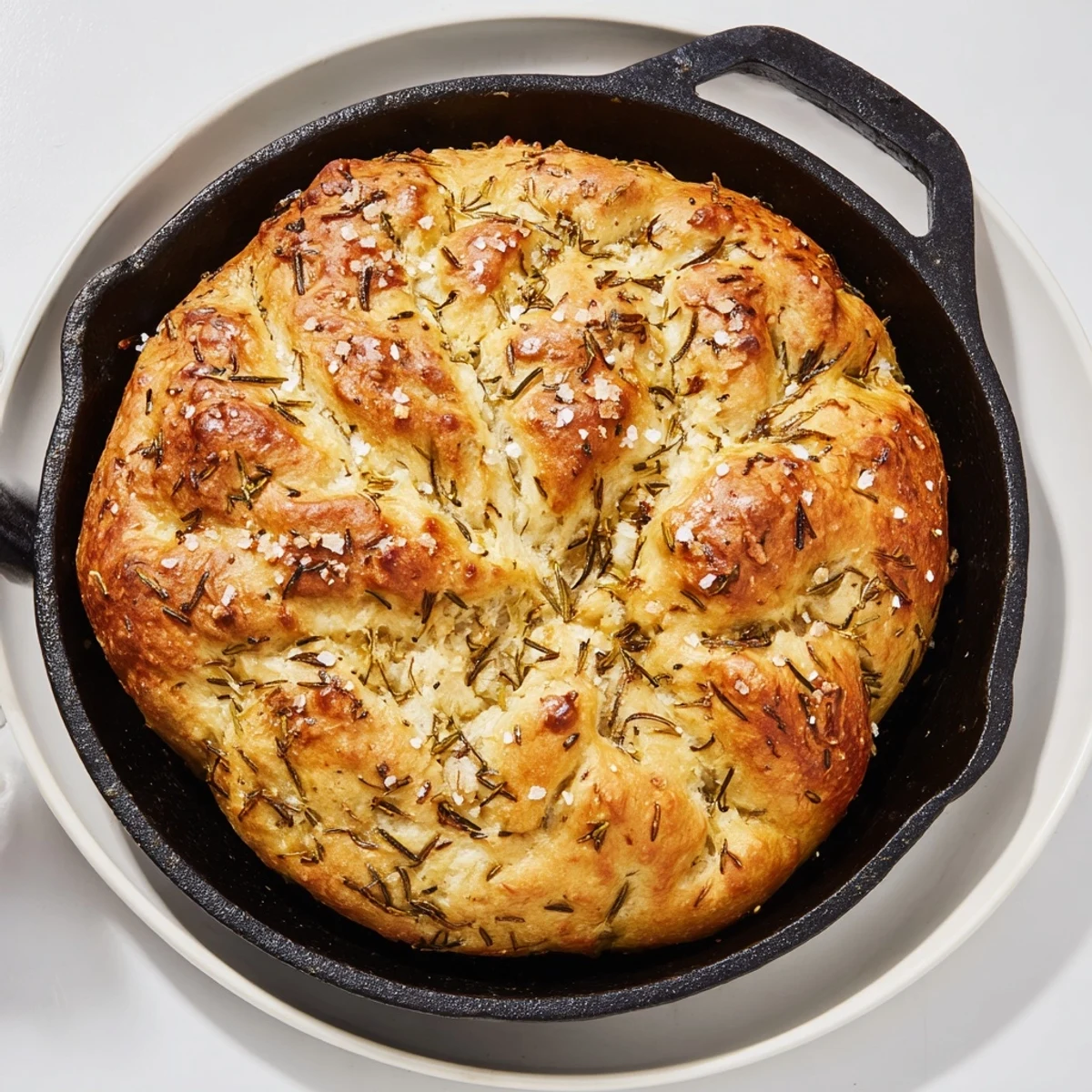 Golden rustic garlic rosemary skillet bread with flaky sea salt sprinkled on top