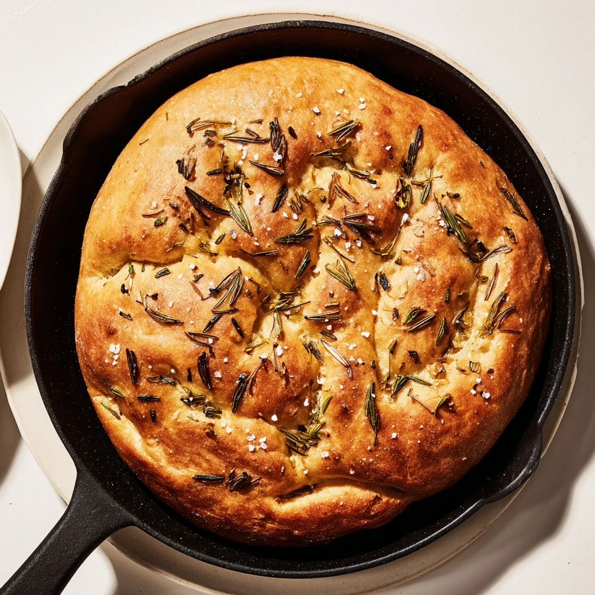 Warm cast iron skillet filled with aromatic rosemary garlic bread fresh from the oven