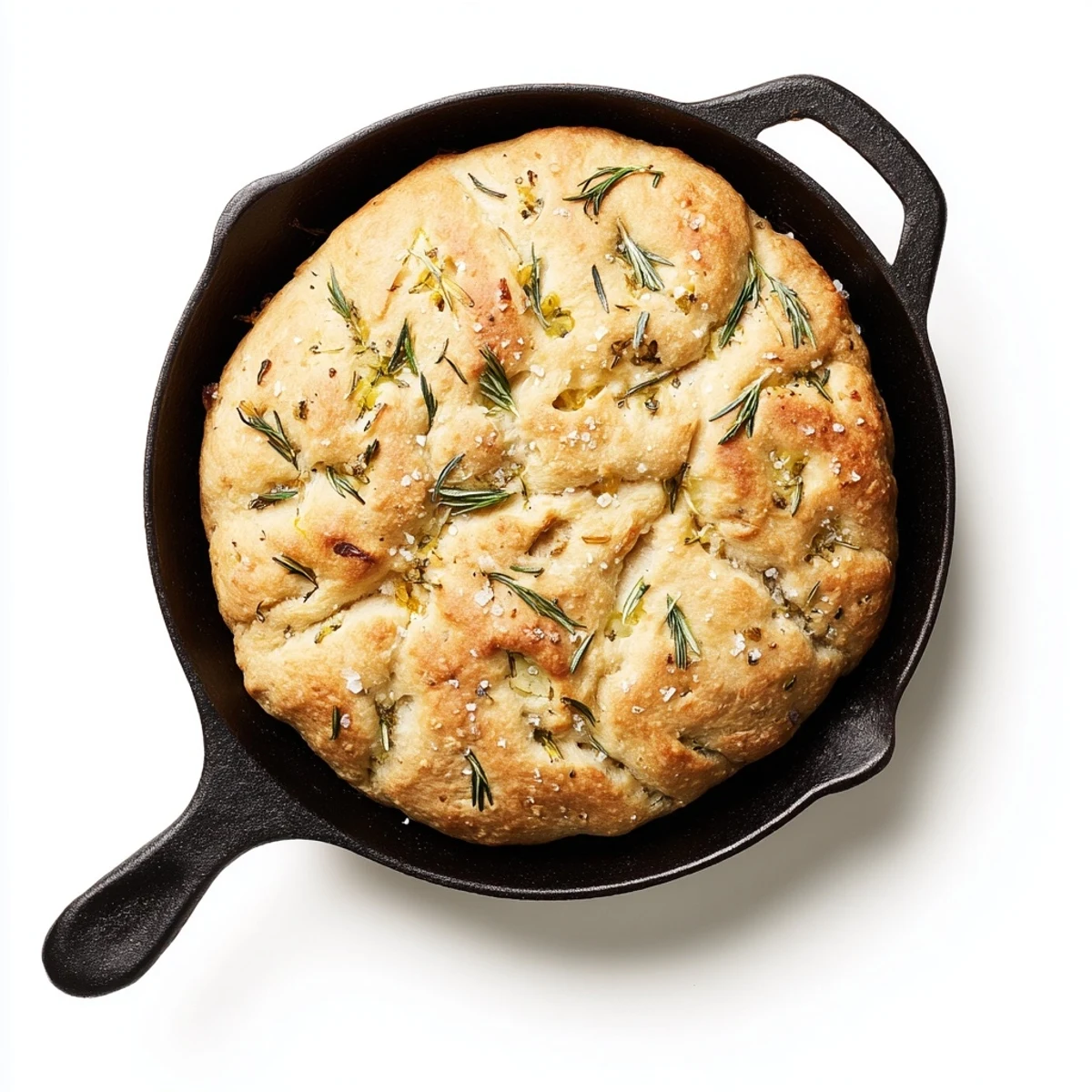 Sliced rustic garlic rosemary skillet bread revealing chewy interior and crisp golden crust