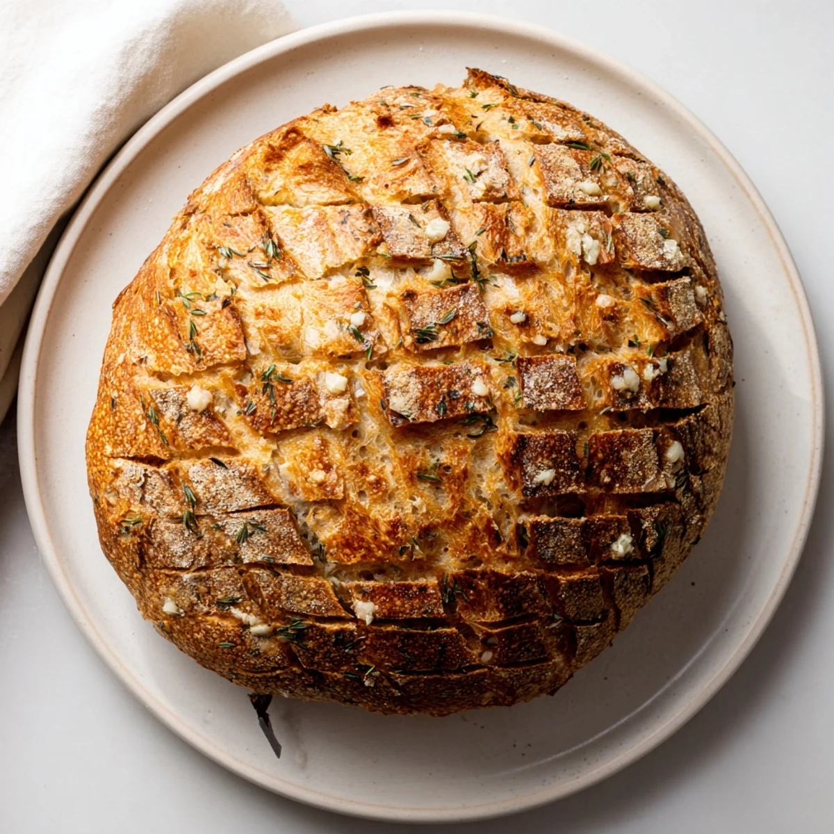 Rustic garlic herb Dutch oven bread with golden crust and fresh parsley garnish