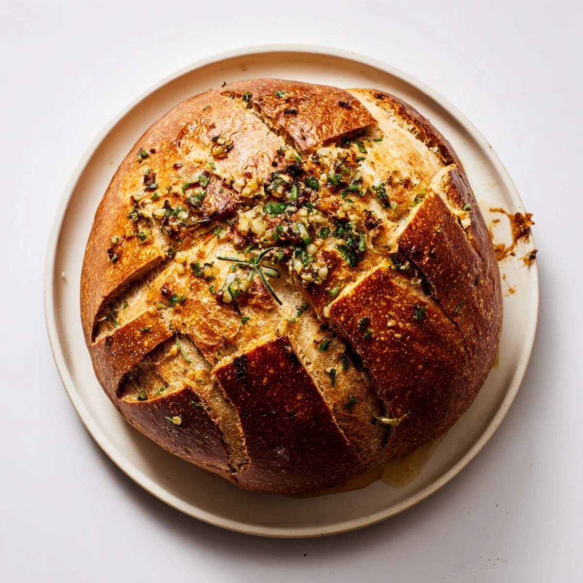 Golden artisan garlic herb Dutch oven bread brushed with melted butter topping