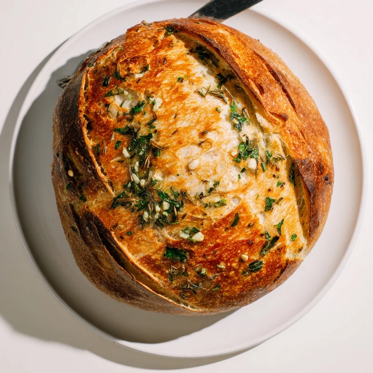 Freshly baked garlic herb Dutch oven bread sliced on wooden cutting board