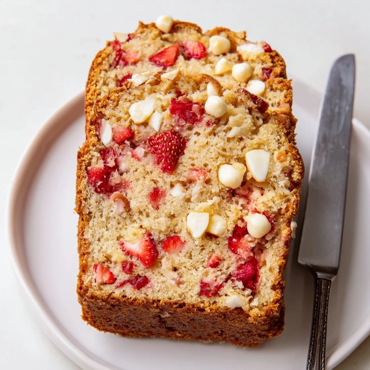 Golden sourdough white chocolate chips strawberry bread loaf with juicy red berries visible throughout the tender crumb