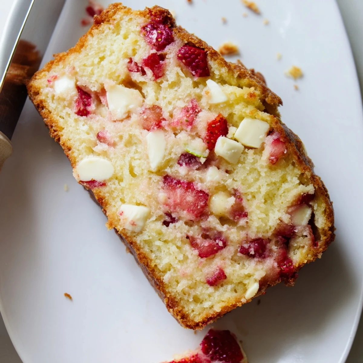 Freshly baked sourdough white chocolate chips strawberry bread cooling on wire rack with golden brown crust and speckled strawberry topping
