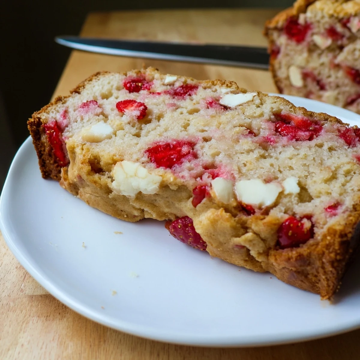 Sliced sweet sourdough white chocolate chips strawberry bread revealing creamy melted chips and fresh strawberry pieces inside