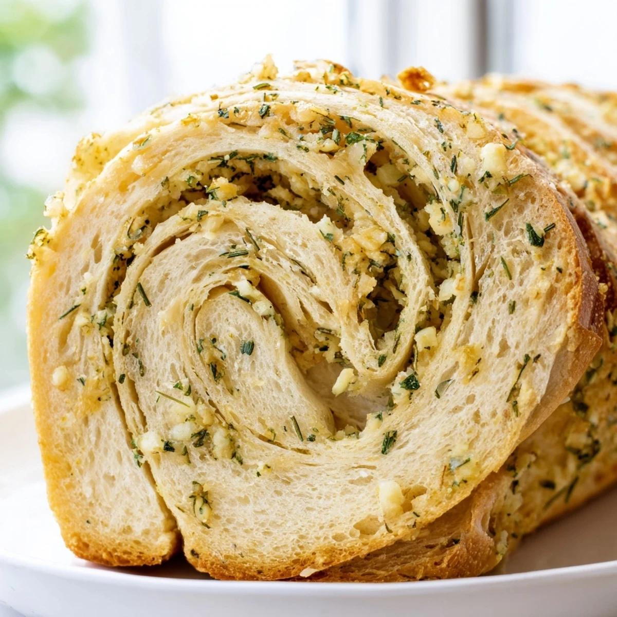 Golden garlic and herb bread loaf sliced to reveal fluffy interior and fresh parsley flecks