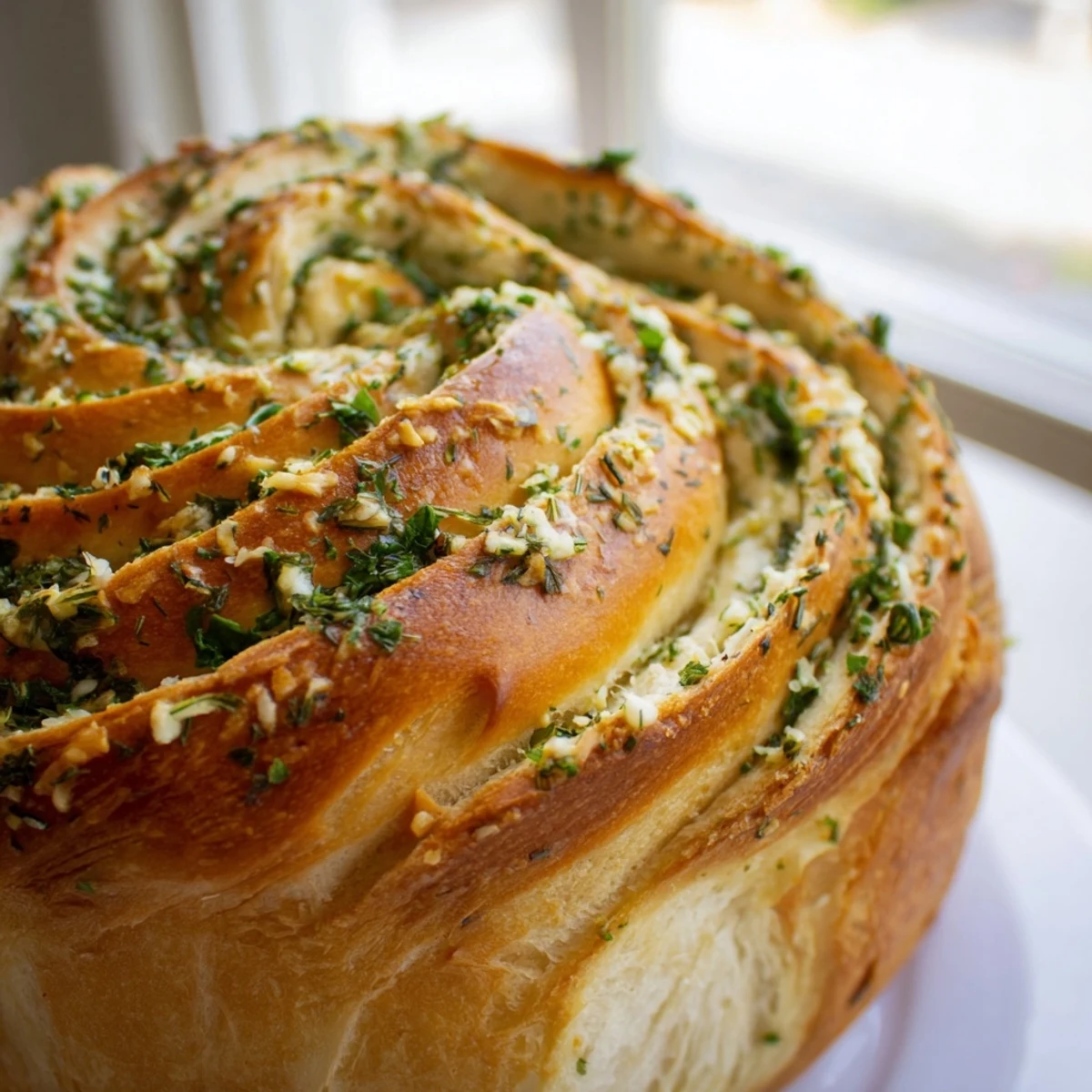 Warm homemade garlic and herb bread served on wooden board with melted butter top
