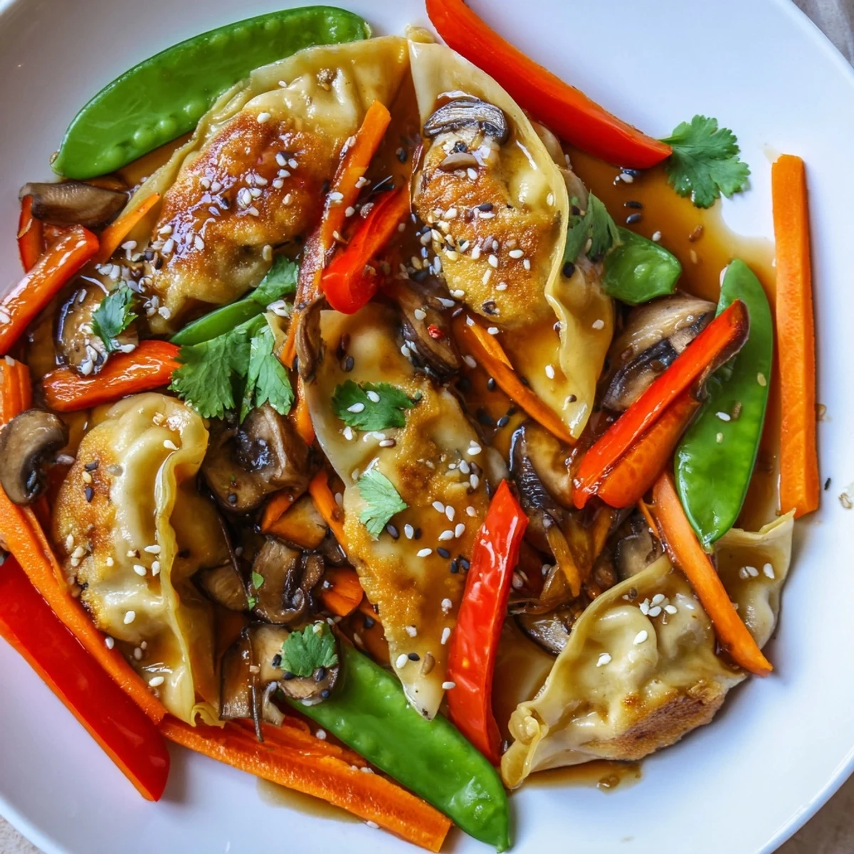 Golden potstickers tossed with colorful snap peas and bell peppers in savory stir fry sauce