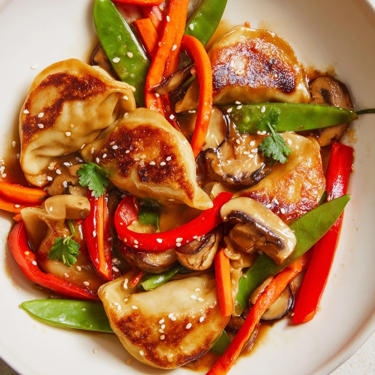 Crispy pan-fried potstickers served with fresh vegetables and ginger soy sauce for quick weeknight dinner