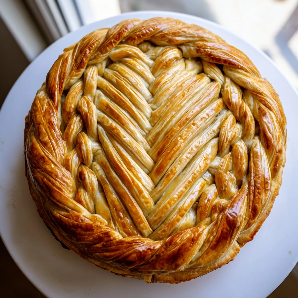 Golden brown Fishtail Braid Pie Crust woven around a fruit pie with shiny egg wash finish